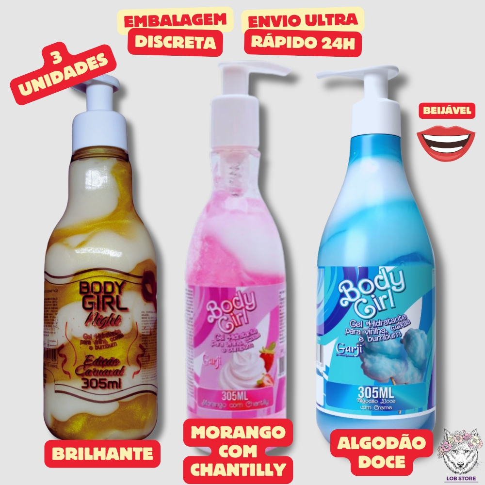 Kit 3 Body Girl Gel Creme Hidratante Brilhante Carnaval + Algodão Doce + Morango com Chantilly 305ml