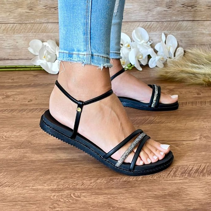 Rasteirinha Glitter Strass Sandália Plana Preta B