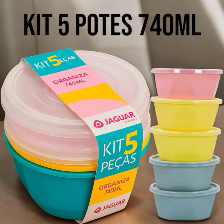 Kit 5 Potes Plástico Coloridos Armazenamento de A