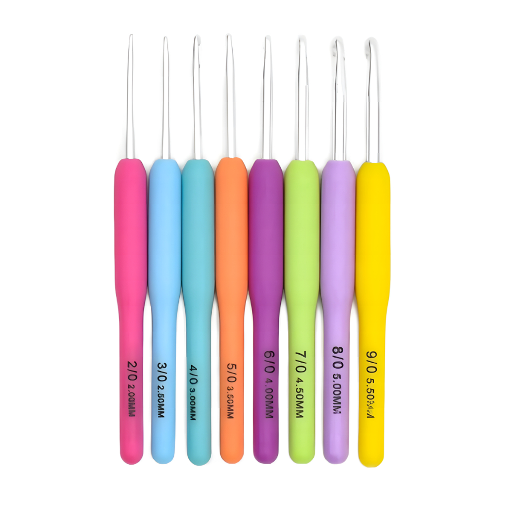 Agulhas Crochê Kit 8 Unidades – Cabo Ergonômico Soft Ponta Alumínio Barbante