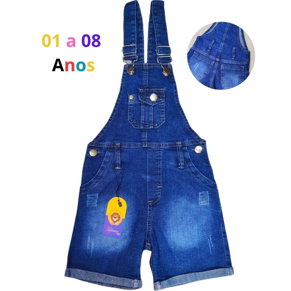 Macacão jardineira jeans infantil menino masculino bermuda criança salopete