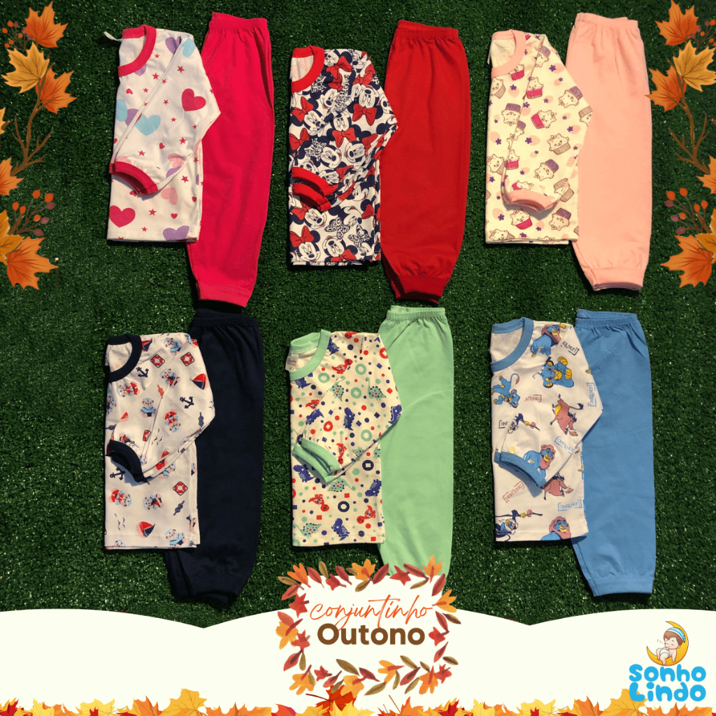 Kit de 4, 2 e 1 Conjunto Infantil Pijama Manga Longa Estampada e Calça 100% Algodão