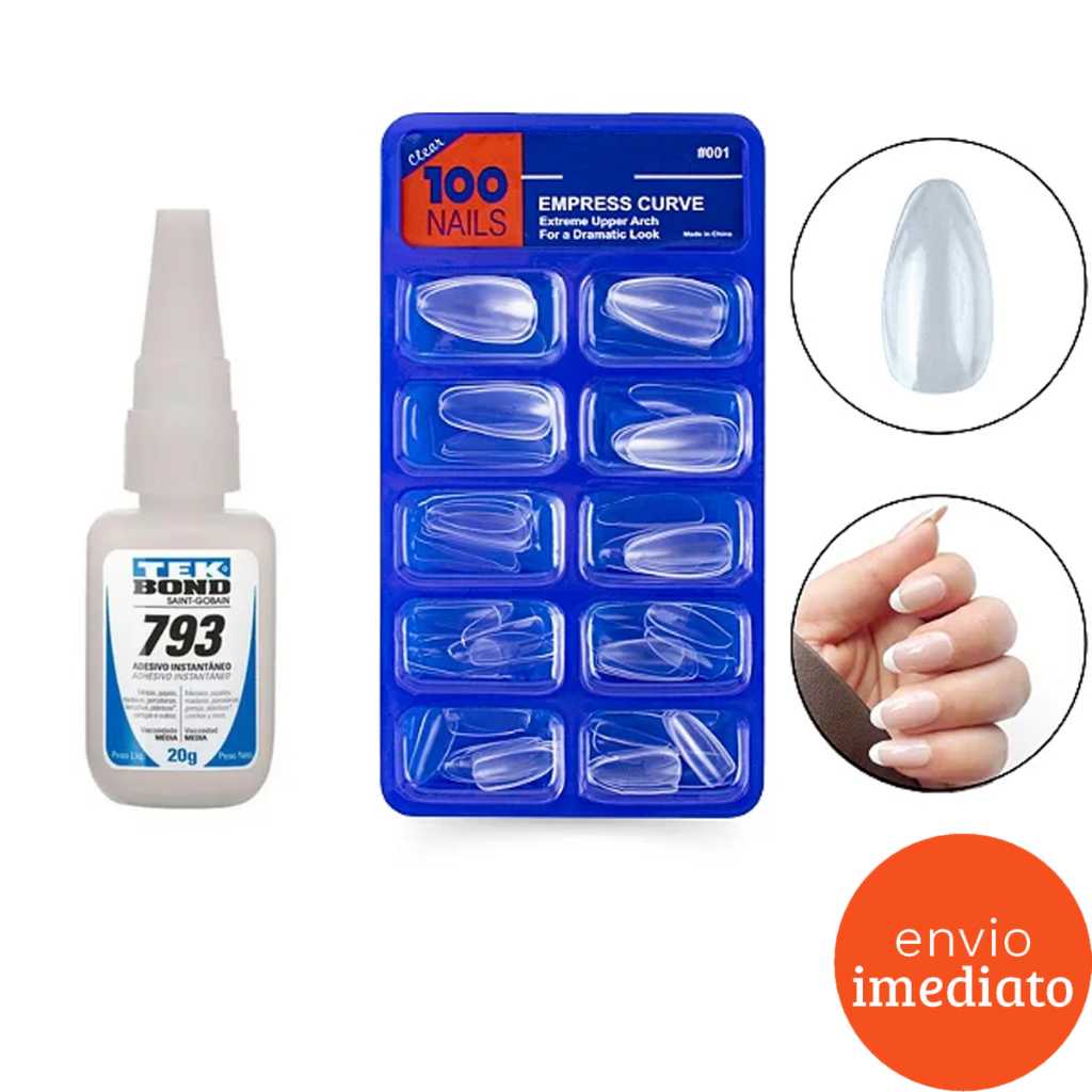 Kit 100 Unhas Postiças Amendoadas Natural Realista e Cola Tek Bond 793 20g