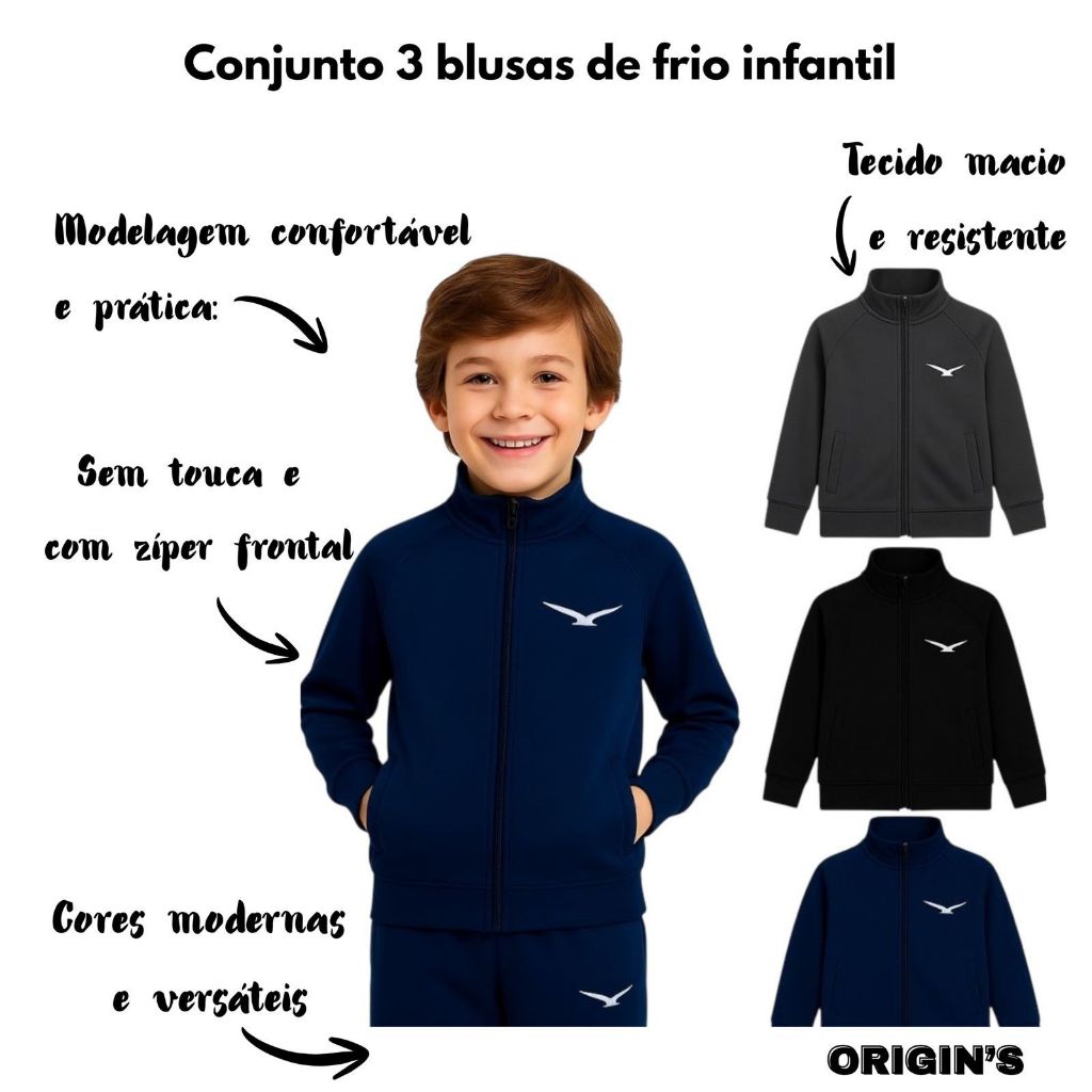 Kit 3 Jaqueta Chimpa Infantil Com Bolsos Punho Ziper