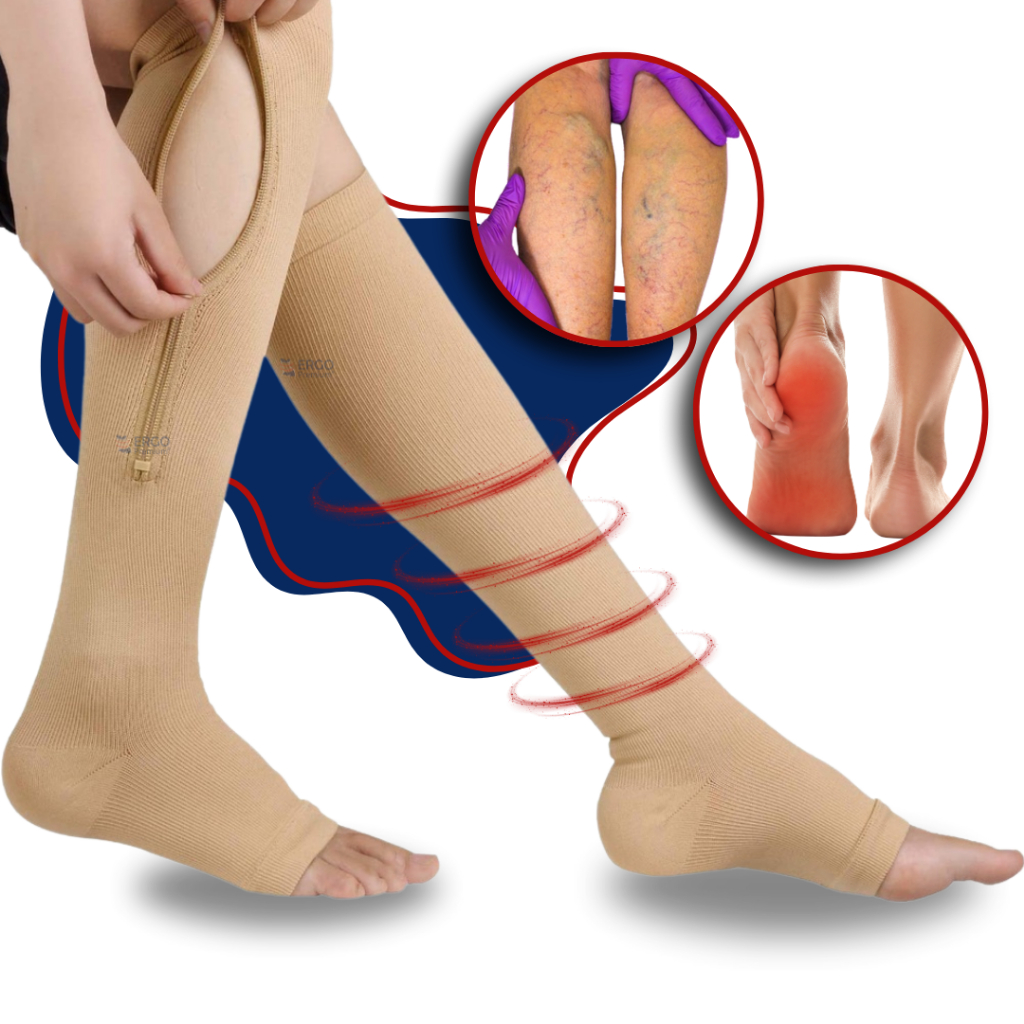 Meia de Compressão Sem Ponteira e Com Zíper Para Má Circulação Varizes Trombose e Inchaço