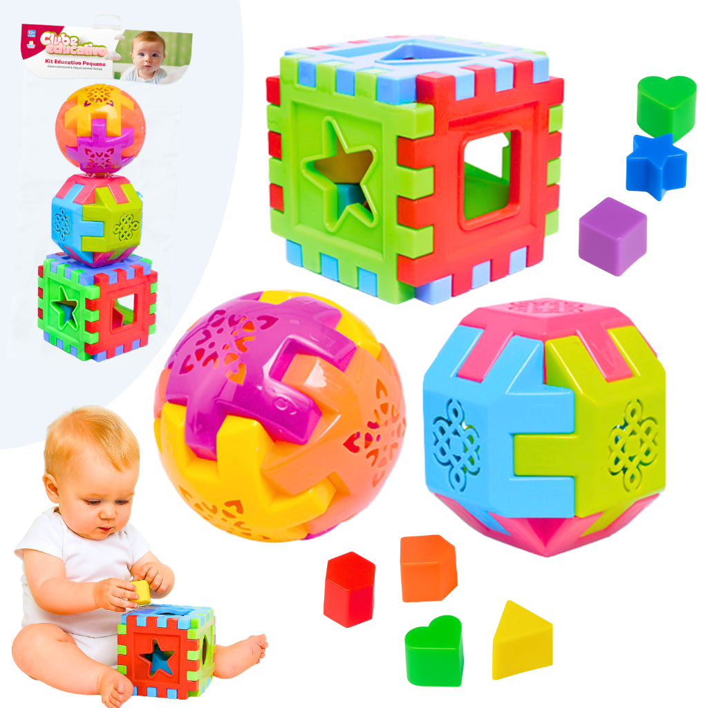 Kit 3/6 Brinquedo Educativo Cubo Bola Didática Infantil Peça Colorido Encaixe Geométricos Pedagógico