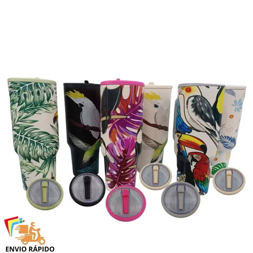 COPO TERMICO DE 1200ML COM ALÇA E CANUDO ESTAMPADO BIRDS PASSAROS TUCANO ARARAS FAM FAUNA