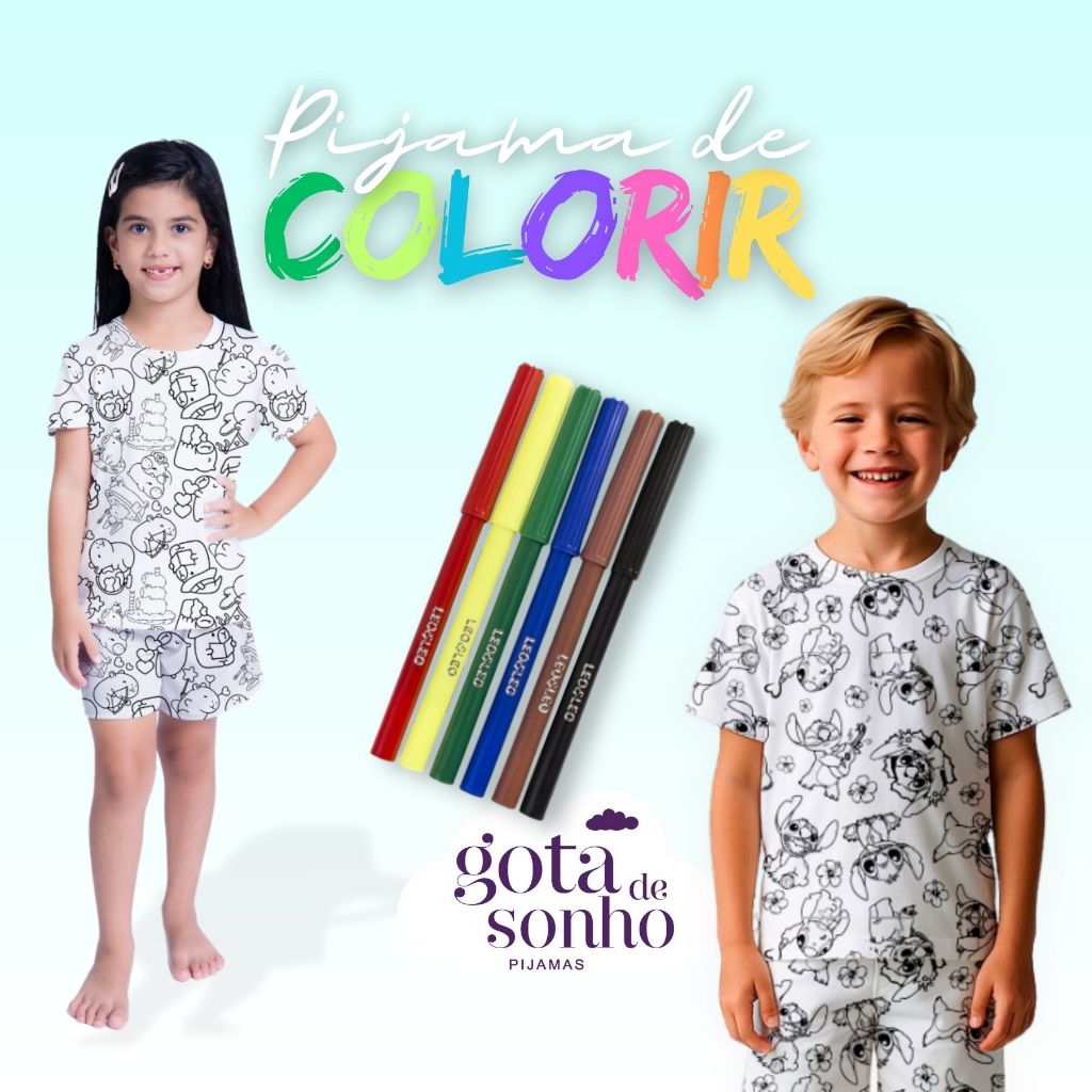 PIJAMA INFANTIL MANGA CURTA COM CANETINHA LAVÁVEL KIT PARA COLORIR DIVERTIDO ESTAMPADO PERSONAGENS