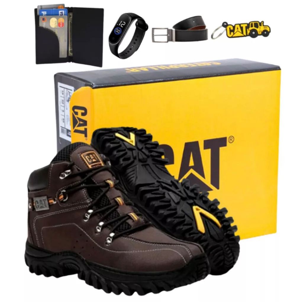 Botina Bota Caterpillar Masculina Adventure Trilha Costurado Impermeável + Cinto Carteira Relogio e