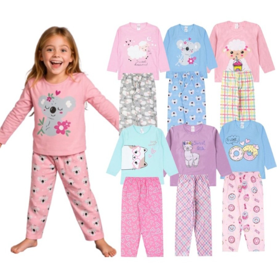 Kit Sortido 2 Pijamas Menina Inverno Tam 1 ao 14 Confortáveis