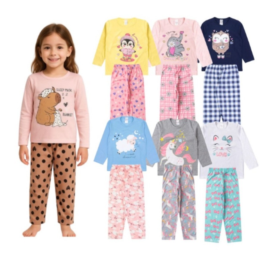 Kit Sortido 3 Pijamas Menina Inverno Tam 1 ao 14 Confortáveis
