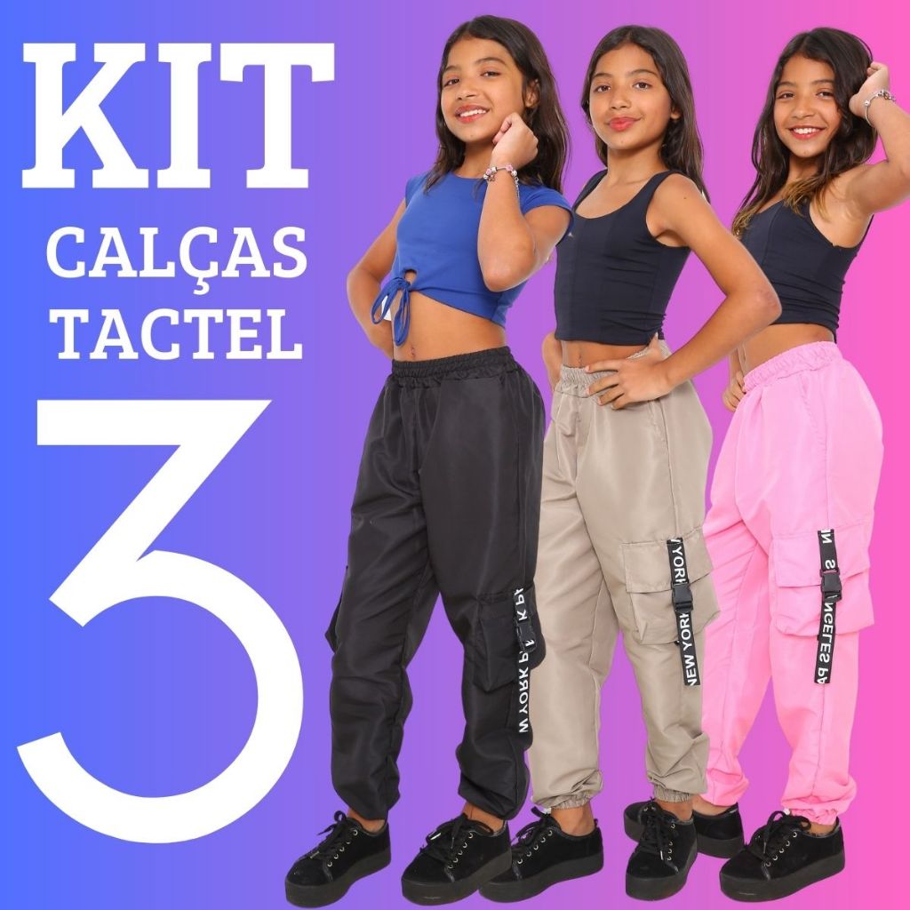 PROMOÇAO KIT 3 Calça Infantil Feminina Para Meninas Estilosas Calça Jogger Cargo 4 Bolso Tecido Tact