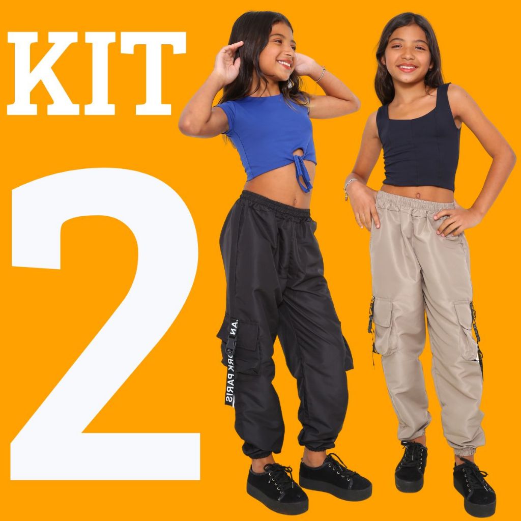 KIT 2 Calça Infantil Jogger Feminina 10 12 14 Para Meninas Estilosas Calça Jogger Cargo 4 Bolsos 4 C