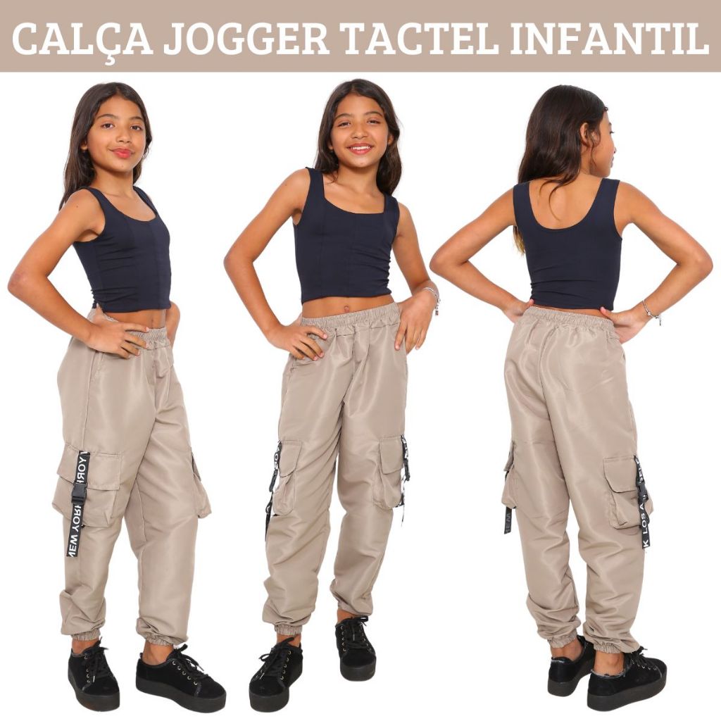 Calça Jogger Infantil Tactel Para Meninas Estilosas Calça Cargo 4 Bolsos 4 Cores Moda Preto Rosa Ver