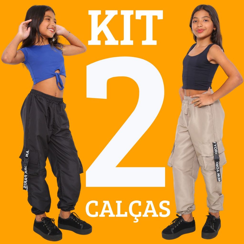 KIT 2 Calça Jogger Feminina Infantil Para Meninas Estilosas Calça Jogger Cargo 4 Bolsos 4 Cores Teci