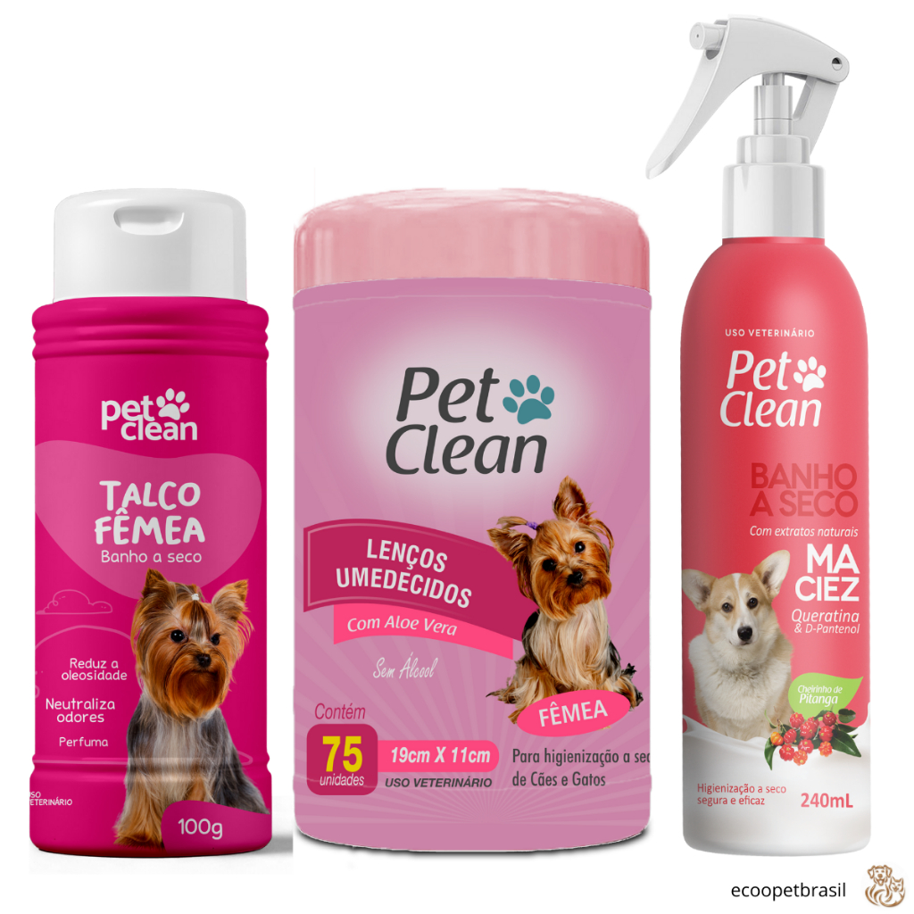 Kit Banho a Seco Super Premium  + Talco Fêmea + Lenços Femea para Cachorro Cães e Gatos – Pet Clean