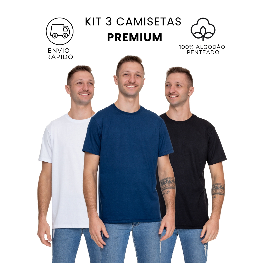 Kit 3 Camiseta Básica Masculina Lisa Algodão Cores Básicas