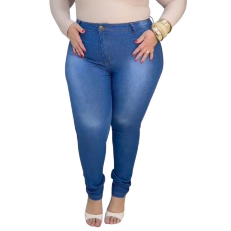 Calça Jeans Feminina Plus Size azul claro Elastano Modelo Curve 48 ao 64