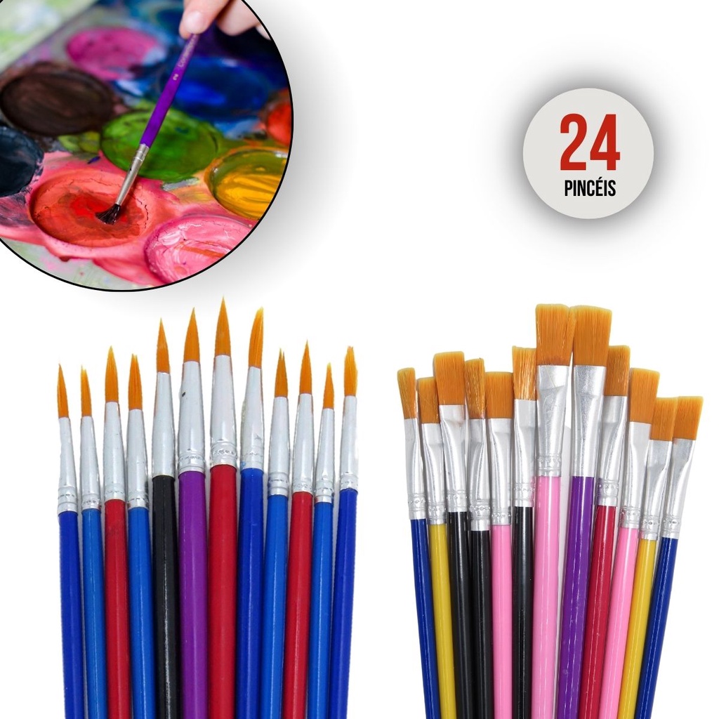 Kit 24 Pincéis Para Pintura Artesanato Artes Pintura de Rosto Guache Ponta Fina Redonda E Chato