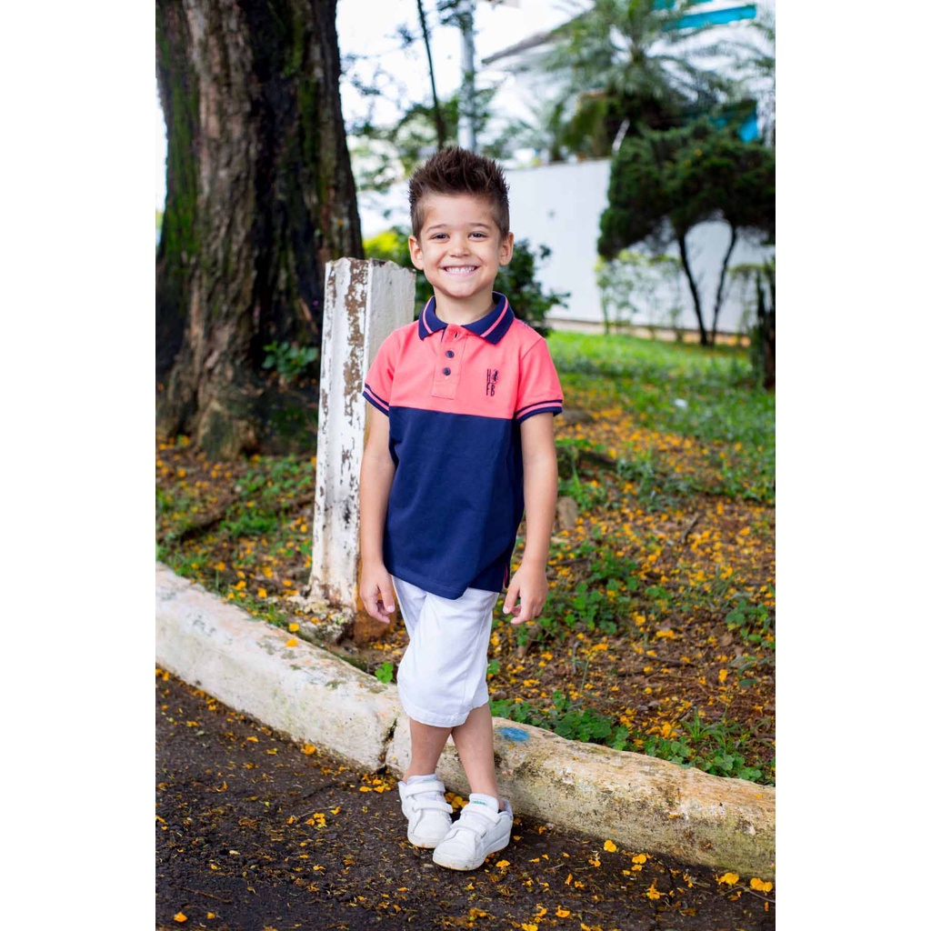 Camisa Polo ou Body Polo Infantil Goiaba com Marinho PREMIUM