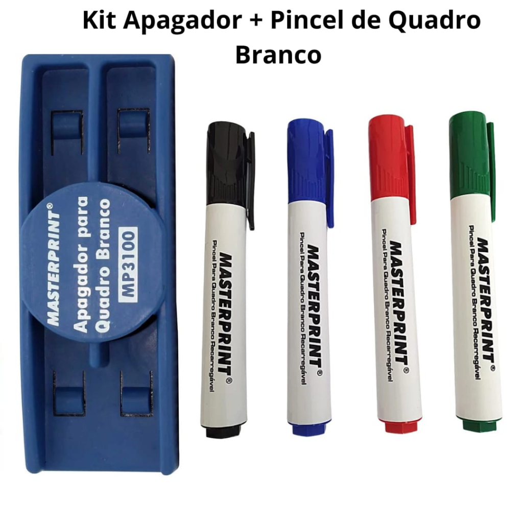 Kit Pincel Para Quadro Branco Recarregável 2 Cores Diversas e Apagador Quadro Branco Masterprint