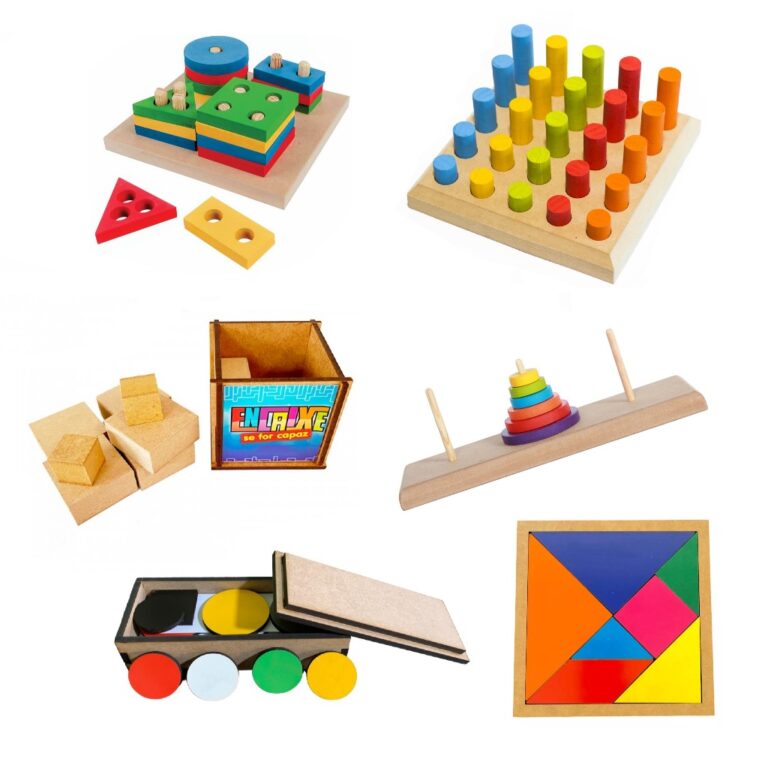 Kit 6 TORRE DE HANÓI + PINOS DE ENCAIXE + TANGRAM