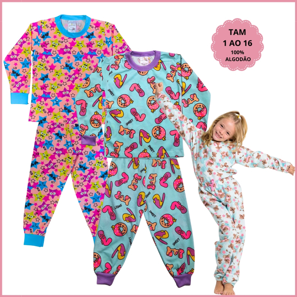Kit 4 Peças Pijama Infantil Feminino Inverno Algodão 2 Camiseta Manga Menina 2 Calça Punho 1 a 16