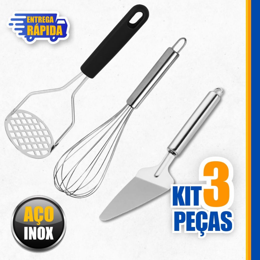 KIT Utensílios de cozinha com 3 a 1 unidade  Amassador de Batatas, Batedor de Ovo Fouet Fue, Espátul