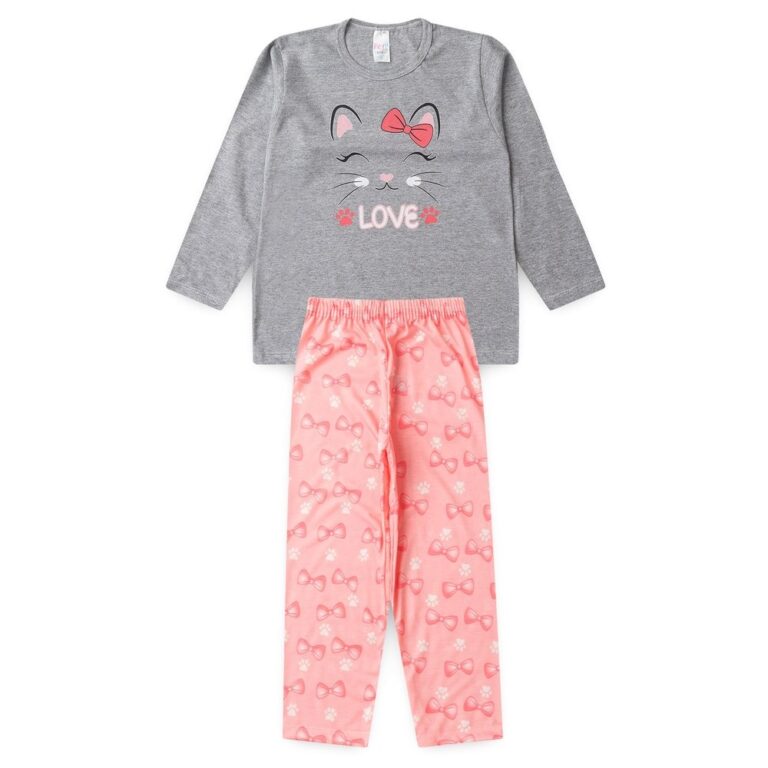 Pijama Infantil Feminino Inverno Gatinha Coração