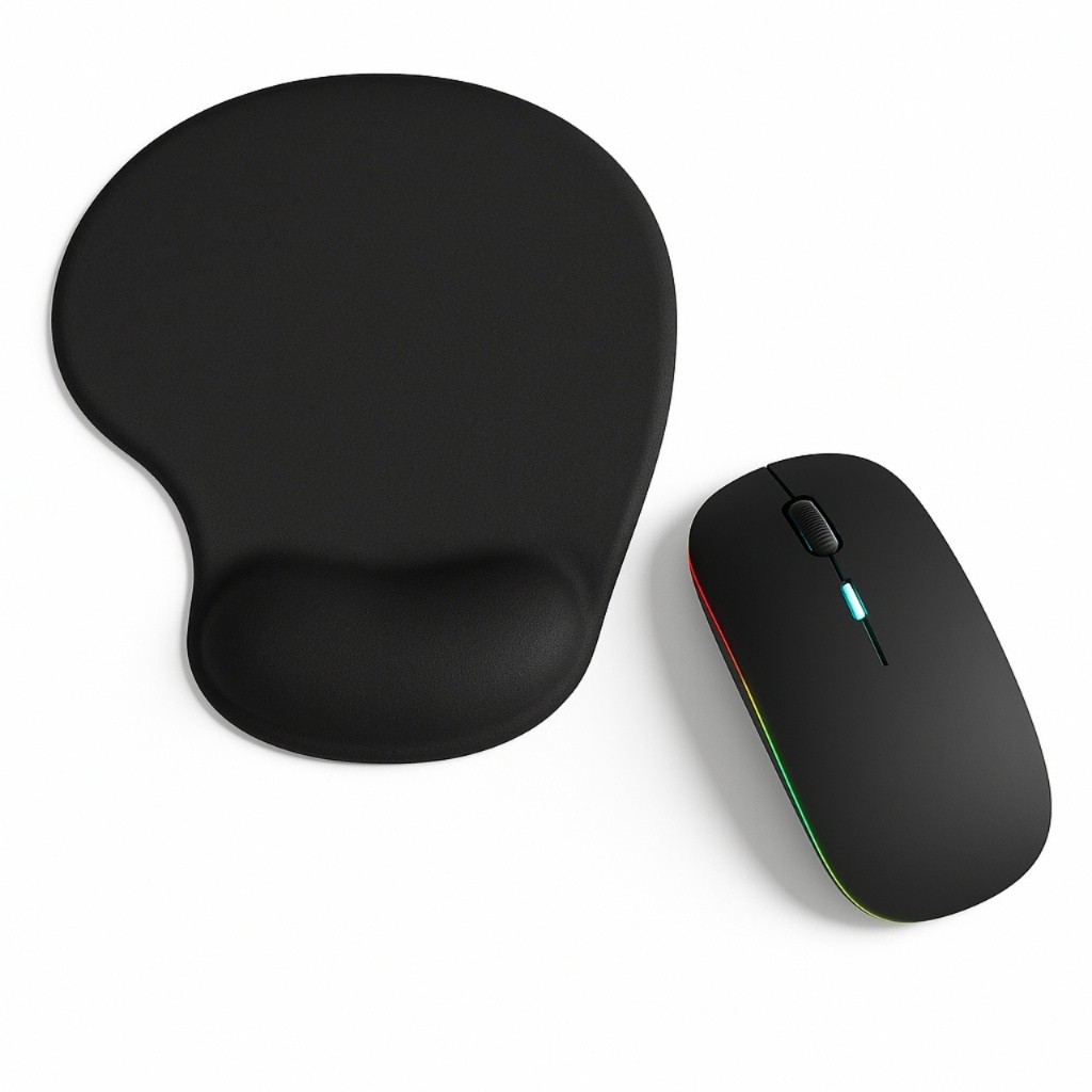 Kit Mouse Sem Fio Recarregável Mousepad Ergonômico Apoio Pulso Conforto Silencioso USB LED