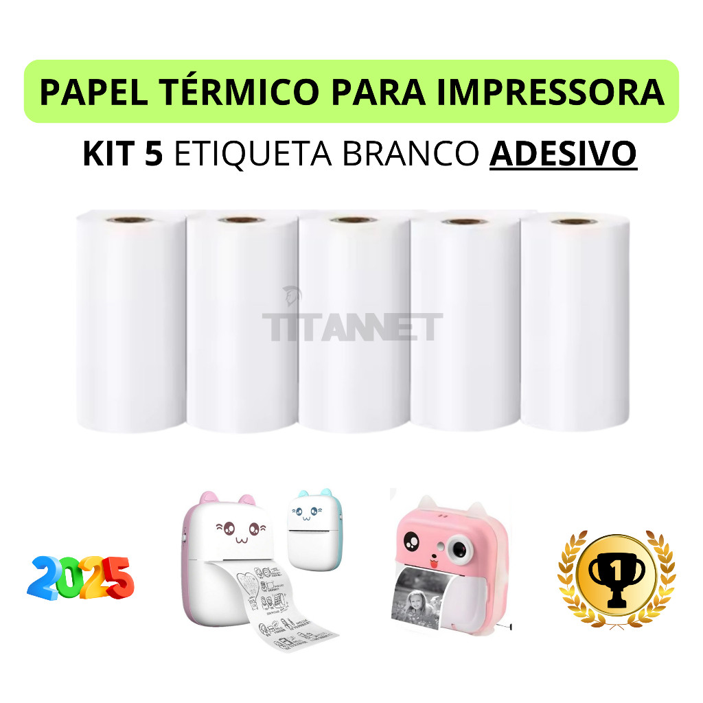 Kit 5 Bobina Etiqueta Térmica Adesiva 57x30mm Branco Mini Impressora
