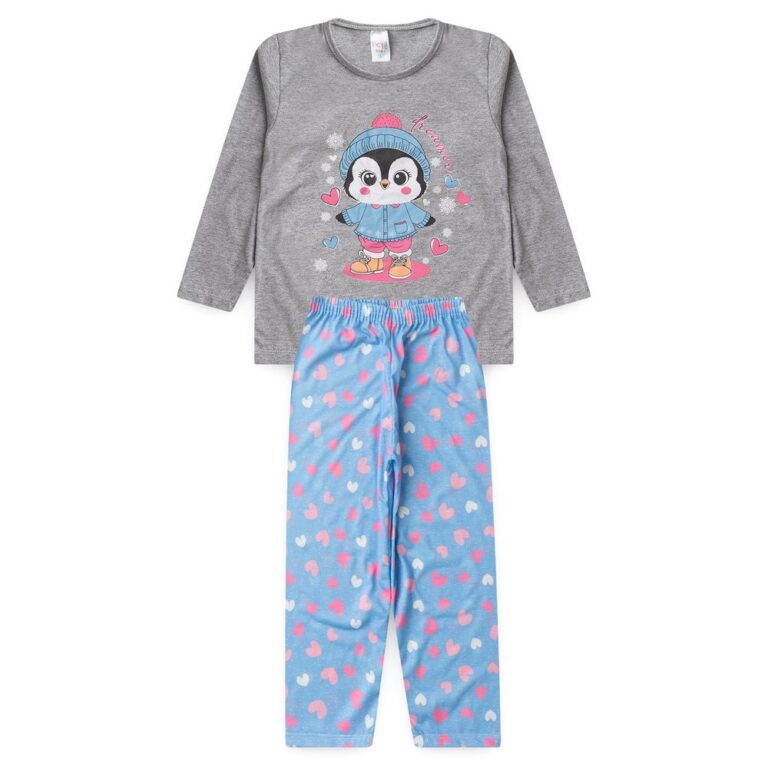 Pijama Infantil Menina Inverno Pinguim Corações