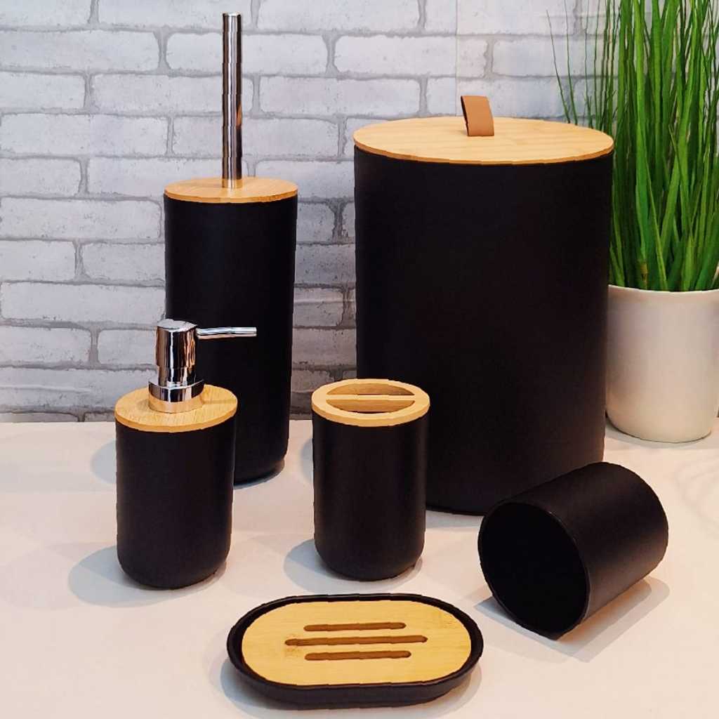 KIT BANHEIRO LAVABO PRETO BRANCO detalhes bambu lixeira com tampa de bambu lavabo escova sanitária