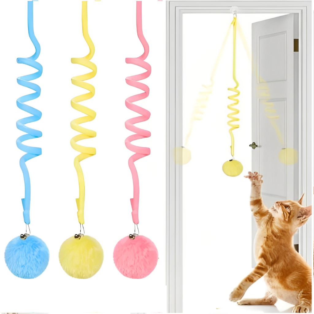 Brinquedo Interativo Para Gatos Corda Elástica Bola Pelúcia Mola Retrátil De Pendurar Em Teto Porta