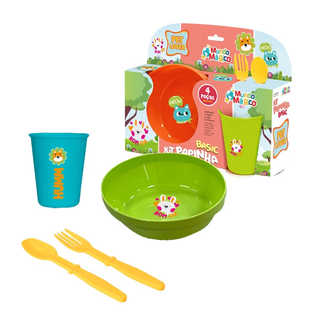 Kit Papinha Mundo Mágico 4 Peças C/ Caneca Tigela e Talheres
