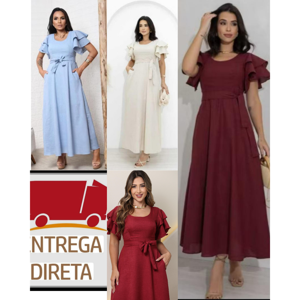 Vestido  feminino midi    luxo elegante com   manga   babado  tecido alfataria