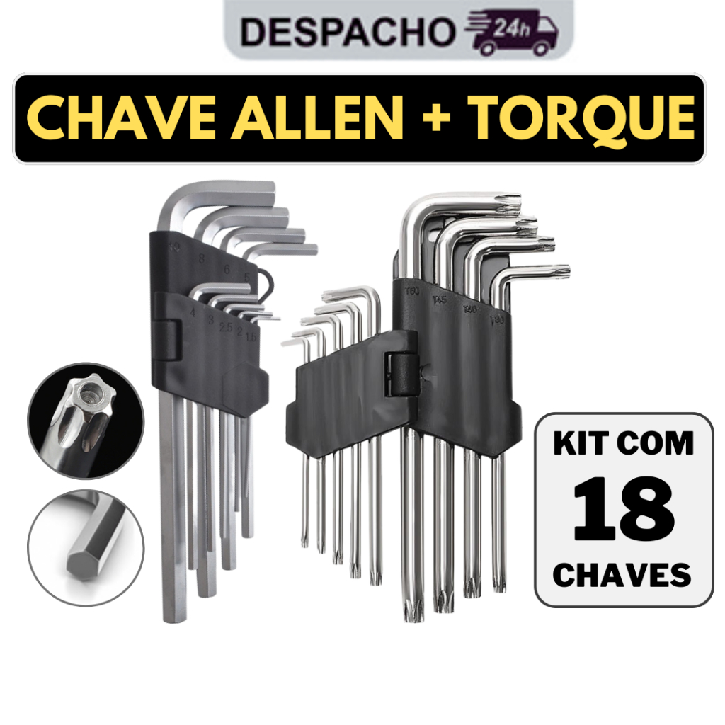Jogo de Chave Torx + Jogo Allen Curta Kit com 18 Peças Torque e Allen T10atéT50
