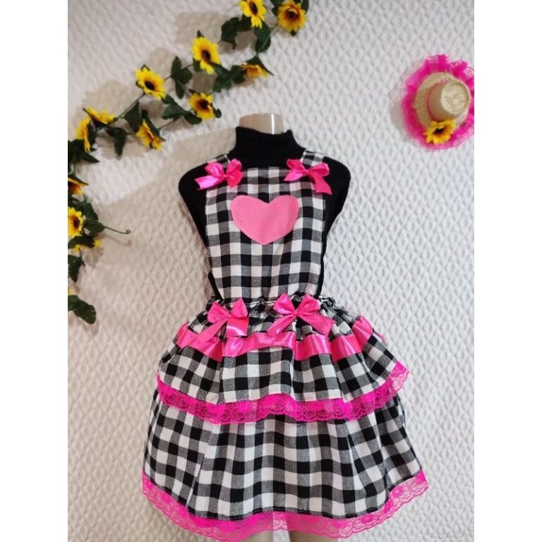 Saia Junina Xadrez Preta com Fitas Rosa Neon