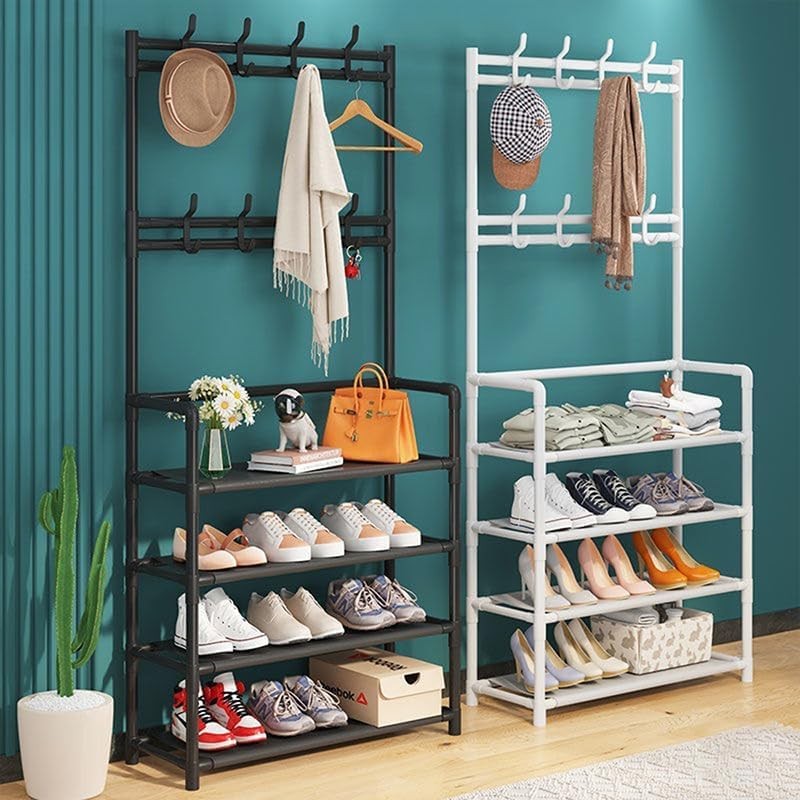 Rack Sapateira Multifuncional: Organizador com 12 Pares de Sapatos, 8 Ganchos e 4 Prateleiras Casa O