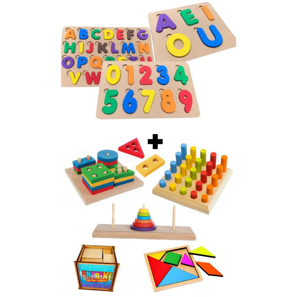 Kit 3 Tabuleiros + Brinquedos Montessori – Alfabeto Números Vogais Autismo TDAH Educativo MDF/EVA
