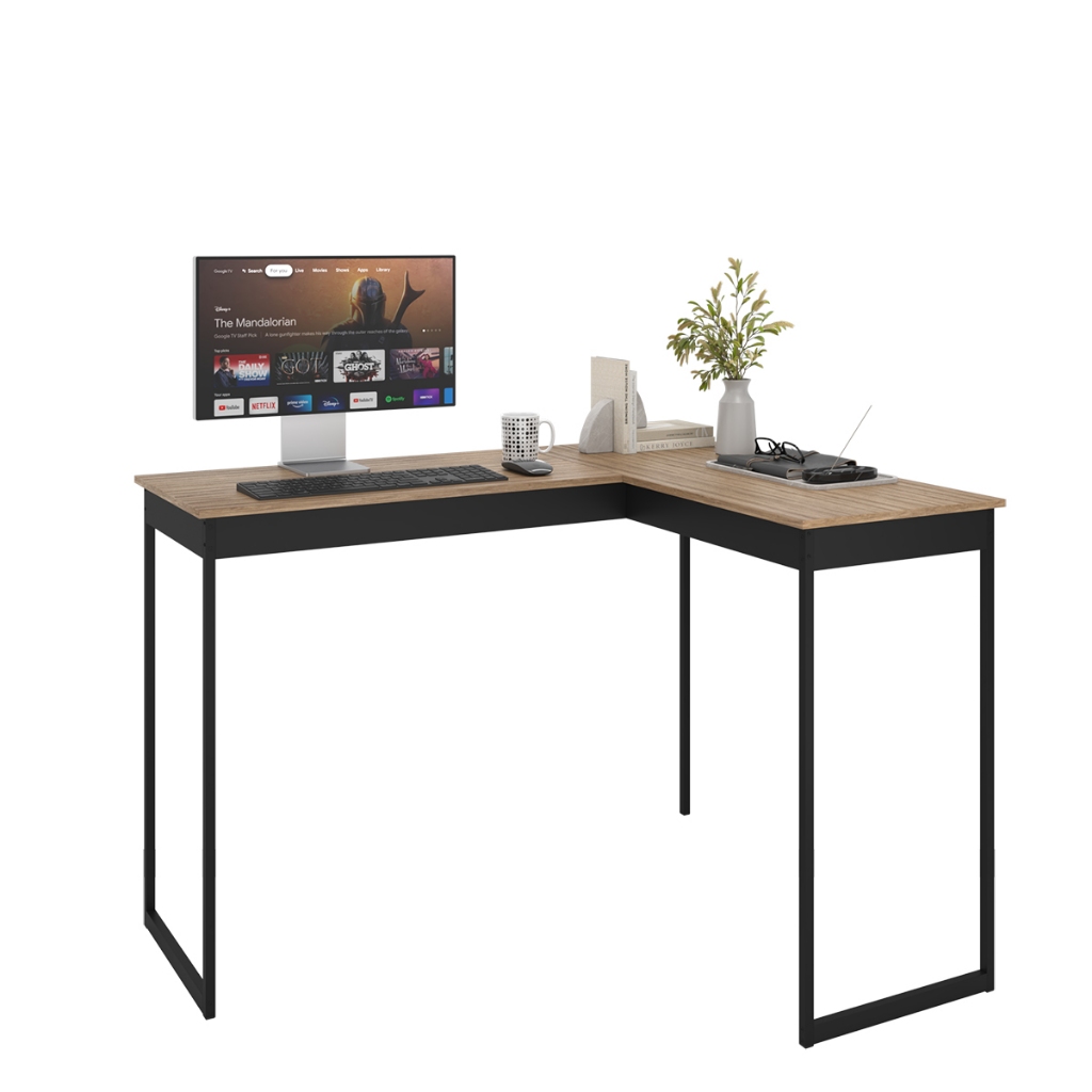 Escrivaninha Mesa de Canto Escritório Home Office em L 110cm Apoio Industrial Preto Tampo Mesa em L
