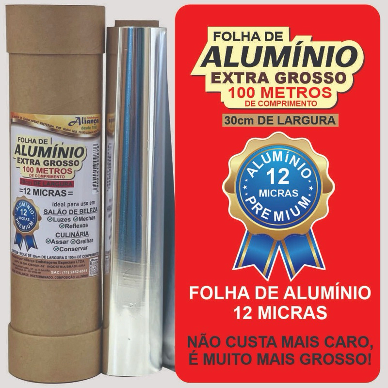 Rolo de Papel Alumínio extra grosso 12 micras 30cm com 25m – 50m ou 100m para Culinária e Salão de C
