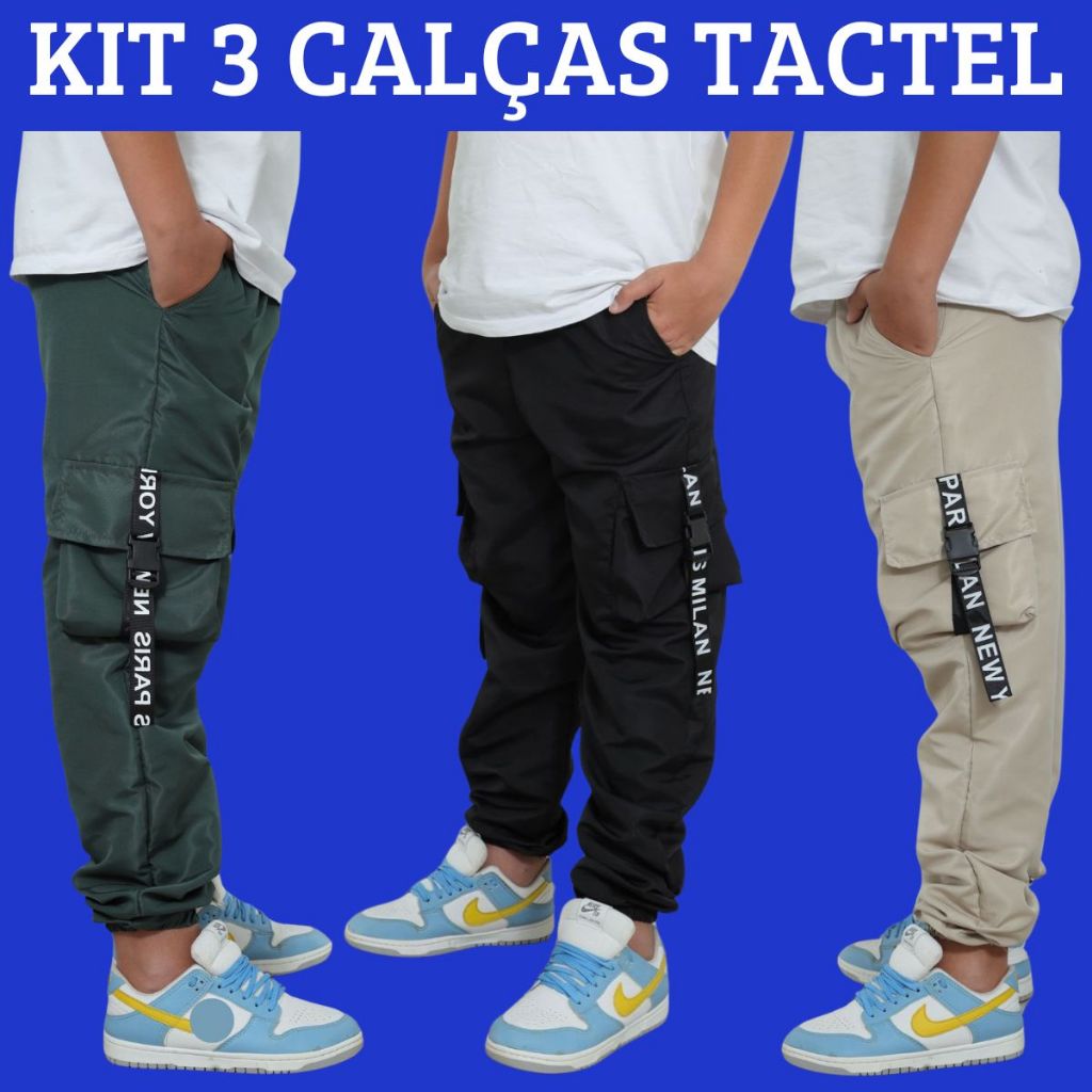 Calça Juvenil Jogger Cargo Infantil Menino Preta Verde Bege Tamanho 4 6 8 10 12 14 Anos 4 Bolsos Str