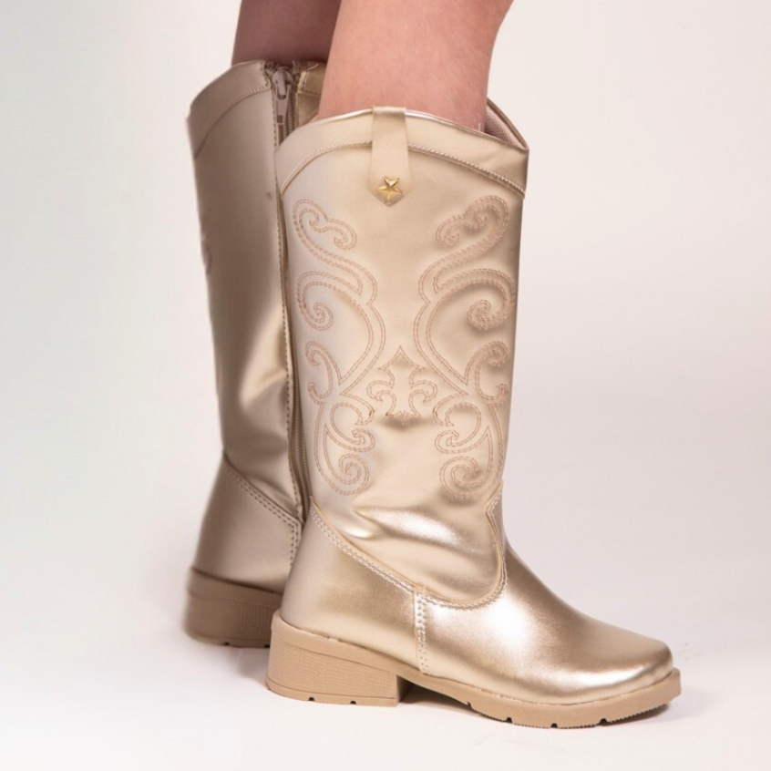 Bota Infantil Menina Texana Boiadeira Cano Alto Com Costura Country Confortável Dourado