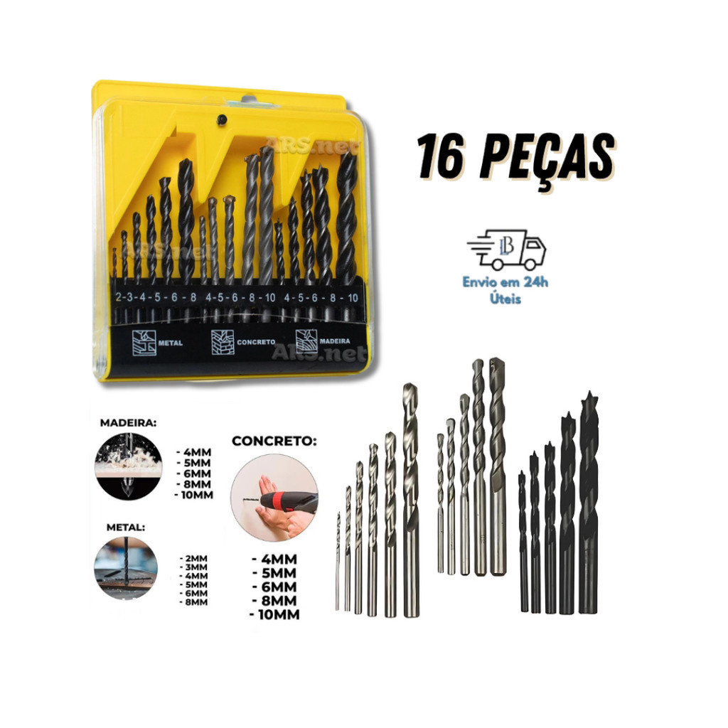 Jogo Kit De Brocas 16 Pecas Madeira Ferro Concreto Para Furadeira Parafusadeira