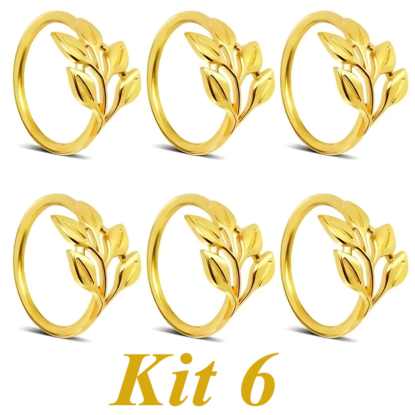 Kit 6 porta guardanapos – anéis de guardanapos de metal Folhas / ramos dourado