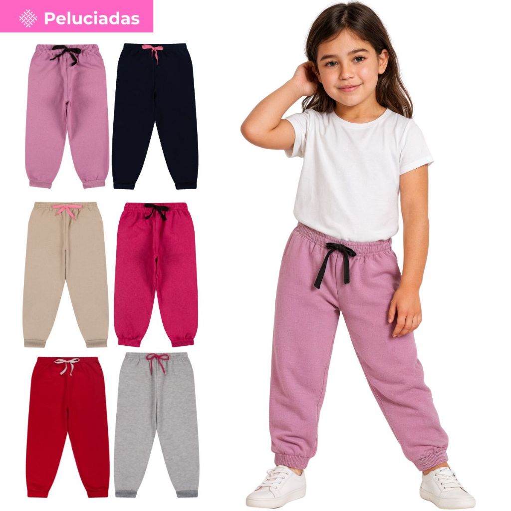 Kit 3 ou 5 Calça Moletom Infantil Menina Peluciada Feminino Bebe Inverno Frio com Punho em Ribana