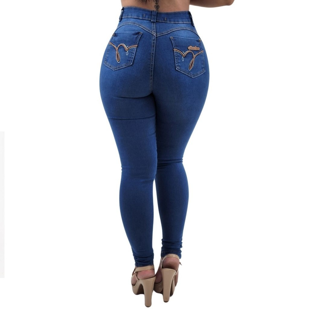 Calça Jeans Feminina Cintura Alta Elastano Lycra Hot Pants Cós Alto Levanta Empina Bumbum