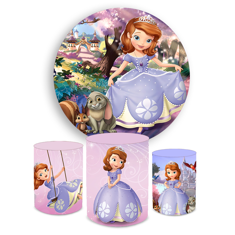 Kit Festa Decoração Capa Painel Redondo + Trio Capas de Cilindro Sublimados Temas Princesas