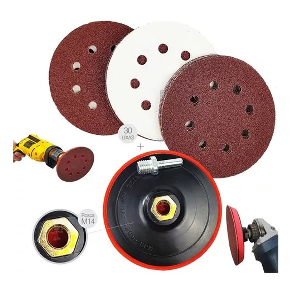 Kit 30 Discos Lixa 125mm Suporte para Furadeira Lixadeira com Velcro para Furadeira, Lixadeira e Esm